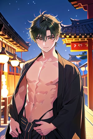 cute boy, He had hair parted to the side, black and green hair, and he wore a yukata that showed off his toned stomach. he is silly. He was walking at a temple fair and it was night. he is related to kitsune