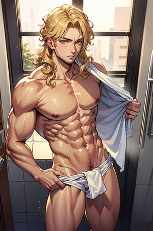 1 very handsome man (naked),(a little towel cover his crotch),(embarrassed),(blonde hair),(golden eyes),(wavy hair),(hair set up),(abs),(underwear on his shoulder),(bathroom),(happy trail),(no beard)