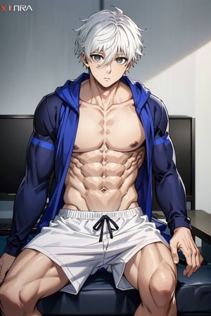 1 very handsome man. He has white hair.He has a bangs. Grey eyes.He is shirtless. He has six pack. Abs. He is bored. Sitdown . Legs spread