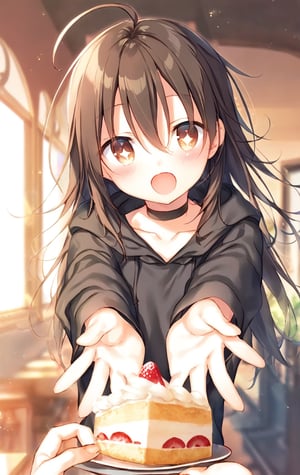 1girl, solo, loli, child, petite, (hand focus), 
long hair, dark brown hair, messy hair, ahoge, hair between eyes, brown eyes, bags under eyes, 
oversized hoodie, black hoodie, black choker, 
blush, excited, happy, +_+, :o, 
small breasts,
looking at viewer, 
standing, reaching, outstretched hands, outstretched arms, 
1boy, out of frame, pov, pov hands, holding, holding cake slice, giving,
toosaka asagi, hiten \(hitenkei\),
upperbody, 
detailed background, indoors, window, 
Masterpiece, 
insanely detailed, 8k, 4k, 
absurdres, 
recent, newest,
safe,