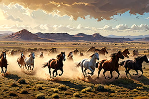  Panoramic view ,wide view  alot of horses , A herd of horses were galloping, ( 2 horses at the foreground , some horses at the background )their hooves kicking up dust on the prairie ,side view sensual, beautiful, mesmerizing, concept art, highly detailed, artstation, behance, deviantart, inspired by innocent manga, inspired by Castelvania concept art, trending, Jack Sorenson , , Extremely Realistic, 8K Kodak Golden shot
,digital painting