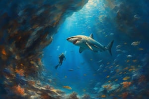 

An oil painting of underwater, a diver , he has an encounter with a huge shark swimming out of a cave and is being chased. A background of dark blue colored coral and stones. Beautiful light, shot from below, glamour glow , thick brush strokes , palette knife