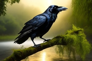 
An eclectic raven bird of sheen, sitting on a short tree branch ontop of a running river. the river being surrounded by short trees, giant trees and long weeds. looks like a wet and swampy forest surrounding the river. Place looks extremely bushy with wetness of rain. a dark cloudy sky covering the sun rays. natural view, natural looks, clear view, realistic view, wet environment, peaceful and a serene environment.