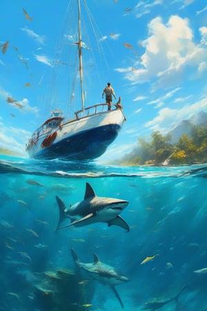 there is a man standing on the bow of a boat in the water,  a big shark under water , bottom angle, bottom - view, crystal clear water, good looking, bottom view, reddit post, crystal clear blue water, over water, extreme wide angle, alternate angle, beautiful angle, wonderful masterpiece , oil painting , thick brush stroke , palette knife