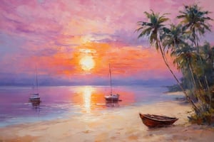 a dawn at sea. The sky is a combination of soft pinks, oranges and purples, reflecting off the calm water below. In the distance, several small boats gently float towards the horizon. In the foreground is a sandy beach with a few palm leaves swaying gently in the wind, adding a touch of tropical tranquility to the scene. The entire composition exudes a peaceful atmosphere of early morning, inviting viewers to immerse themselves in the natural beauty of the moment. painted with thick brush strokes and palette knives in an impressionist style