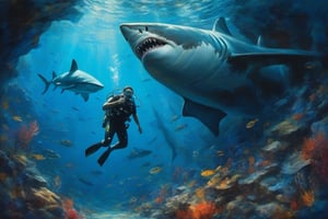 

An oil painting of underwater, a diver , he has an encounter with a huge shark swimming out of a cave and is being chased. A background of dark blue colored coral and stones. Beautiful light, shot from below, glamour glow , thick brush strokes , palette knife