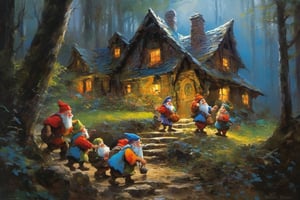 7 dwarfs arriving at the entrance of a dark and spooky house deep in the forest. The house looks old and mystical by robert hagan - -v5.2 - -ar16:9