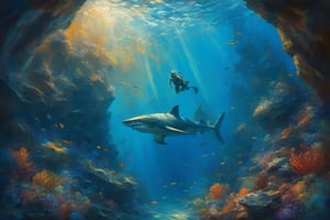 

An oil painting of underwater, a diver , he has an encounter with a huge shark swimming out of a cave and is being chased. A background of dark blue colored coral and stones. Beautiful light, shot from below, glamour glow , thick brush strokes , palette knife