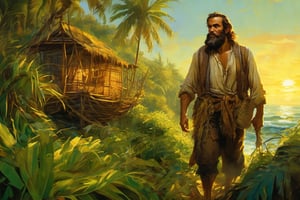 Weathered Robinson Crusoe, overgrown brown beard, disheveled, tattered seafarer's garments clinging to his gaunt frame, ravenous eyes fixed on the small raw fish clutched in his grimy hands, warm sunlight dancing across his leathery skin as he stands at the ocean's edge. His sturdy, intricately crafted bamboo cabin looms behind, woven with lush green leaves, merging seamlessly into the vibrant, dense forest. Soft golden hues of sunset creep through the palm fronds, casting deep shadows within the dense foliage. Pronounced film grain, subtle vignette, rich cinematic color grading reminiscent of classic 35mm film stills, shot on a high-end camera, exuding a sense of grandeur, desolation, and foreboding.