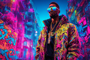 A futuristic neon-lit sculpture of a man, wearing oversized sunglasses and a gold chain, intricate graffiti patterns on the skin, vibrant colors. Background filled with comic book style graffiti, neon blue and pink hues. Dynamic lighting, shadow highlights, vivid contrast. Created Using: cyberpunk art style, UV paint effect, comic book influenced, 3D rendering, neon glow, digital illustration, high contrast lighting, graffiti art