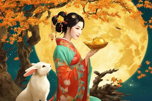 In the background of the Mid-Autumn Festival, a moon is a long-term view, the middle view is golden osmanthus, and the main body of the picture is a beautiful woman in ancient costume holding a rabbit in her arms. It has graphic design style and ancient Chinese artist style with high definition. --ar 9:16 --style raw --stylize 1000 --v 6.1 --p