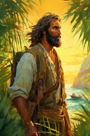 Weathered Robinson Crusoe, overgrown brown beard, disheveled, tattered seafarer's garments clinging to his gaunt frame, ravenous eyes fixed on the small raw fish clutched in his grimy hands, warm sunlight dancing across his leathery skin as he stands at the ocean's edge. His sturdy, intricately crafted bamboo cabin looms behind, woven with lush green leaves, merging seamlessly into the vibrant, dense forest. Soft golden hues of sunset creep through the palm fronds, casting deep shadows within the dense foliage. Pronounced film grain, subtle vignette, rich cinematic color grading reminiscent of classic 35mm film stills, shot on a high-end camera, exuding a sense of grandeur, desolation, and foreboding.