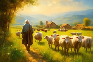 an oil painting,da vinci art style。old man on the farm, messy  hair,Cows and sheep in the distance,Guviz-style artwork,,Artistic creativity:1.37,Sweet,Wonderful and magical,Exquisite,Natural soft light,Good life