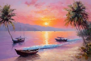 a dawn at sea. The sky is a combination of soft pinks, oranges and purples, reflecting off the calm water below. In the distance, several small boats gently float towards the horizon. In the foreground is a sandy beach with a few palm leaves swaying gently in the wind, adding a touch of tropical tranquility to the scene. The entire composition exudes a peaceful atmosphere of early morning, inviting viewers to immerse themselves in the natural beauty of the moment. painted with thick brush strokes and palette knives in an impressionist style