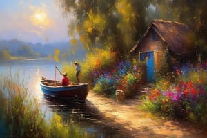 an oil painting of A life by the riverbank ,rustic cottage , boat ,the farmer fishing on the boat . colourful  dark blue ,Sunlight vibes and endless creativity , thick brush strokes , palette knife by robert hagan vibrant color