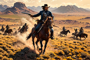  Panoramic view , alot of cowboys , crouching on horseback ,dressed in brow , brandishes a revolving rifle, galloping on horseback. He pursues menacing outlaws, also on horseback, as the hero relentlessly chases them down. on the open steppe , side view , ((Cowboys steppe Background)), full body portrait, hands gun , (pistol) ,sensual, beautiful, mesmerizing, concept art, highly detailed, artstation, behance, deviantart, inspired by innocent manga, inspired by Castelvania concept art, trending, Jack Sorenson , , Extremely Realistic, 8K Kodak Golden shot
,digital painting