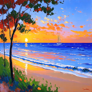 a sunrise at sea. The sky is a combination of soft pinks, oranges and purples, reflecting off the calm water below. In the distance, several small boats gently float towards the horizon. In the foreground is a sandy beach with a few palm leaves swaying gently in the wind, adding a touch of tropical tranquility to the scene. The entire composition exudes a peaceful atmosphere of early morning, inviting viewers to immerse themselves in the natural beauty of the moment. painted with thick brush strokes and palette knives in an impressionist style