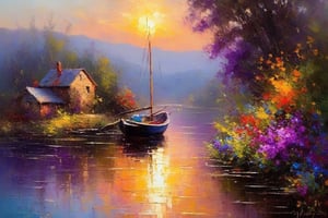 an oil painting of A life by the riverbank ,rustic cottage , boat ,colourful  dark blue , purple ,Sunlight vibes and endless creativity , thick brush strokes , palette knife by robert hagan vibrant color