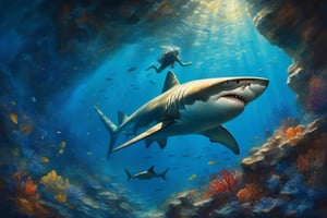 

An oil painting of underwater, a diver , he has an encounter with a huge shark swimming out of a cave and is being chased. A background of dark blue colored coral and stones. Beautiful light, shot from below, glamour glow , thick brush strokes , palette knife