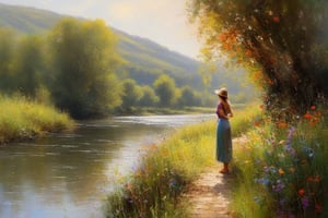 painting of a woman standing by a fence looking at a river, a beautiful painting, near a river, beautiful painting, beside a river, colourful ,beautiful oil painting, in a serene landscape, in the countryside, beside the river, peaceful scene, summer afternoon, extremly detailed oil painting, on a riverbank , thick brush strokes , palette knight by robert hagan