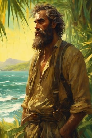 Weathered Robinson Crusoe, overgrown brown beard, disheveled, tattered seafarer's garments clinging to his gaunt frame, ravenous eyes fixed on the small raw fish clutched in his grimy hands, warm sunlight dancing across his leathery skin as he stands at the ocean's edge. His sturdy, intricately crafted bamboo cabin looms behind, woven with lush green leaves, merging seamlessly into the vibrant, dense forest. Soft golden hues of sunset creep through the palm fronds, casting deep shadows within the dense foliage. Pronounced film grain, subtle vignette, rich cinematic color grading reminiscent of classic 35mm film stills, shot on a high-end camera, exuding a sense of grandeur, desolation, and foreboding.