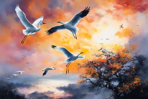 (Best quality, A high resolution, Ultra detailed:1.2), realistic, Ink for drawing, bright colors, moody lighting, white cranes flying into the sky, white clouds in a serene sky, capture a moment of calm and contemplation.