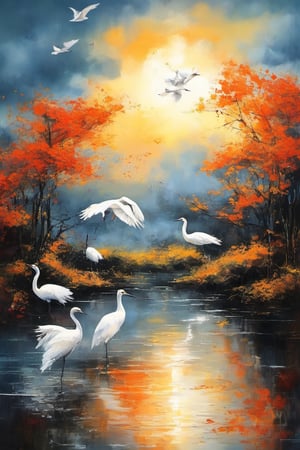 (Best quality, A high resolution, Ultra detailed:1.2), realistic, Ink for drawing, bright colors, moody lighting, white cranes flying into the sky, white clouds in a serene sky, capture a moment of calm and contemplation.