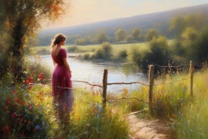 painting of a woman standing by a fence looking at a river, a beautiful painting, near a river, beautiful painting, beside a river, colourful ,beautiful oil painting, in a serene landscape, in the countryside, beside the river, peaceful scene, summer afternoon, extremly detailed oil painting, on a riverbank , thick brush strokes , palette knight by robert hagan