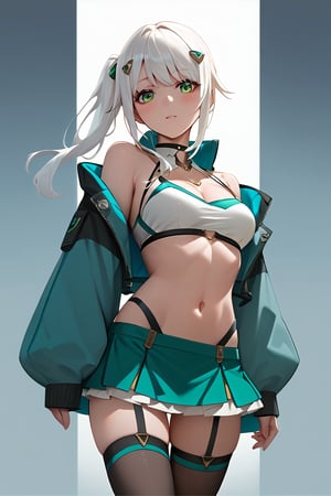 Hizuki,score_6_up,score_5_up,score_4_up,score_9,score_8_up,score_7_up, white hair, green eyes, Jacket futuristic,high-strap bikini under a short skirt, Thigh high stockings, crop top,Extremely Realistic