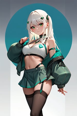 Hizuki,score_6_up,score_5_up,score_4_up,score_9,score_8_up,score_7_up, white hair, green eyes, Jacket futuristic,high-strap bikini under a short skirt, Thigh high stockings, crop top,Extremely Realistic