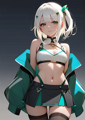 Hizuki,score_6_up,score_5_up,score_4_up,score_9,score_8_up,score_7_up, white hair, green eyes, Jacket futuristic,high-strap bikini under a short skirt, Thigh high stockings, crop top,Extremely Realistic