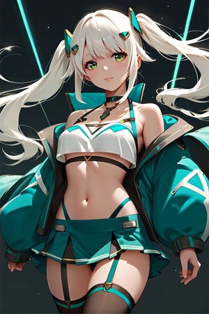 Hizuki,score_6_up,score_5_up,score_4_up,score_9,score_8_up,score_7_up, white hair, green eyes, Jacket futuristic,high-strap bikini under a short skirt, Thigh high stockings, crop top,Extremely Realistic