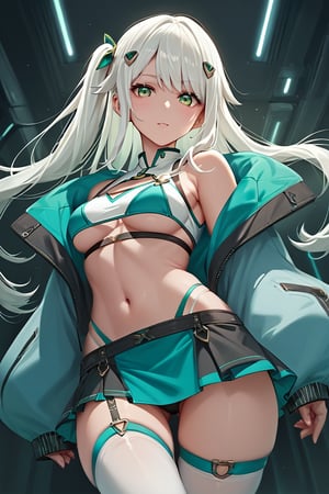 Hizuki,score_6_up,score_5_up,score_4_up,score_9,score_8_up,score_7_up, white hair, green eyes, Jacket futuristic,high-strap bikini under a short skirt, Thigh high stockings, crop top,Extremely Realistic