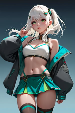 Hizuki,score_6_up,score_5_up,score_4_up,score_9,score_8_up,score_7_up, white hair, green eyes, Jacket futuristic,high-strap bikini under a short skirt, Thigh high stockings, crop top,Extremely Realistic