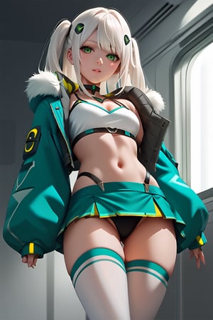 Hizuki,score_6_up,score_5_up,score_4_up,score_9,score_8_up,score_7_up, white hair, green eyes, Jacket futuristic,high-strap bikini under a short skirt, Thigh high stockings, crop top,Extremely Realistic