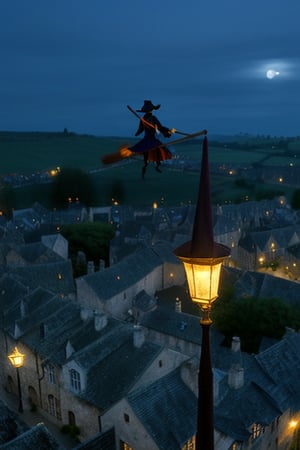 A woman in a witch's hat and cloak, riding a broomstick, soaring over an old town with cobblestone streets and medieval buildings, under a twilight sky. The scene is illuminated by the soft glow of street lamps and the moon, capturing a dynamic, mid-air pose with the town below in a wide shot.