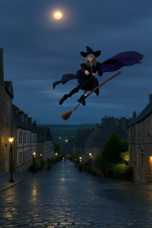 A woman in a witch's hat and cloak, riding a broomstick, soaring over an old town with cobblestone streets and medieval buildings, under a twilight sky. The scene is illuminated by the soft glow of street lamps and the moon, capturing a dynamic, mid-air pose with the town below in a wide shot.