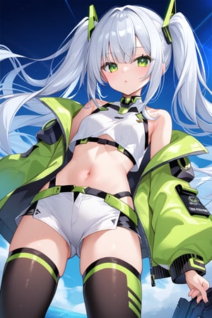 Hizuki,White hair, long hair, green-eyes, futuristic mint green jacket, crop top, white shorts,pigtails,high stockings