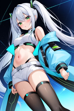 Hizuki,White hair, long hair, green-eyes, futuristic light blue jacket, crop top, white shorts,pigtails,high stockings