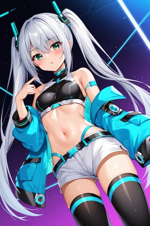 Hizuki,White hair, long hair, green-eyes, futuristic light blue jacket, crop top, white shorts,pigtails,high stockings