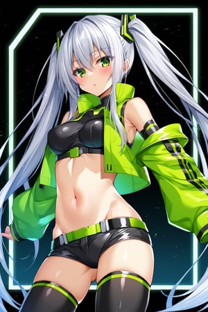 Hizuki,White hair, long hair, green-eyes, futuristic jacket, crop top, shorts,pigtails,high stockings