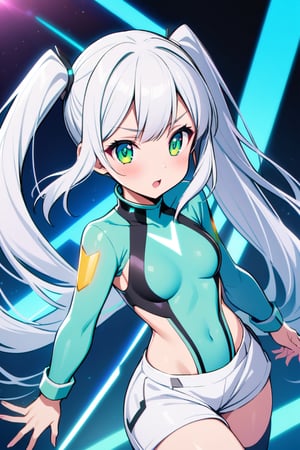 Hizuki,White hair, long hair, green-eyes, futuristic light blue jacket, crop top, white shorts,pigtails,high stockings