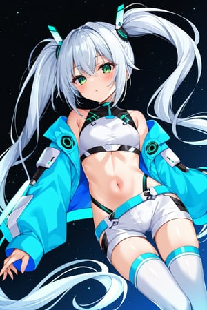 Hizuki,White hair, long hair, green-eyes, futuristic light blue jacket, crop top, white shorts,pigtails,high stockings