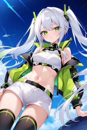 Hizuki,White hair, long hair, green-eyes, futuristic biscay green pantone jacket, crop top, white shorts,pigtails,high stockings