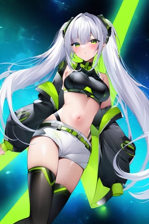 Hizuki,White hair, long hair, green-eyes, futuristic biscay green pantone jacket, crop top, white shorts,pigtails,high stockings