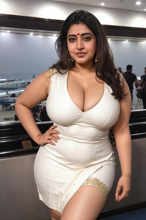 Hot Bengali Pilot ,long straight hair, chubby_female, (( indian lusty, busty, curvy body)) real make-up, realism, realistic, hyperrealistic, detailed body shape, round breast, curve booty, ((Sexy pilot dress)), long leg, full body, tight boobs, Airport