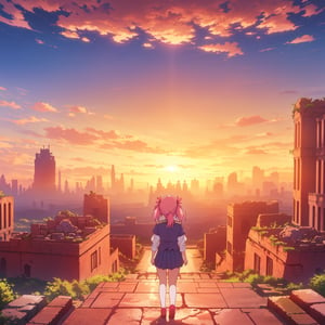 Craft an 8K HD, full-body masterpiece illustration of Kaname Madoka from a far distance back perspective, standing on Mars with a spectacular sunset over city buildings ruins under a street pipe bridge featuring five vanishing points in the background. She has high-resolution details: pink hair in short twintails, pink eyes, a hair ribbon with a bow, and a subtle blush. Madoka wears the Mitakihara school uniform with an official style, emphasizing her solo presence. The Mars sunset, city ruins, and pipe bridge with vanishing points enhance the dramatic and detailed composition.