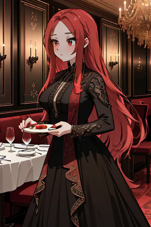 (intricate details),unity 8k wallpaper,ultra detailed,beautiful and aesthetic,detailed, scenery,A girl of about 20 years old, With her coral red medium-length hair, flowing and light, she stands in a black silk dress, showcasing elegant charm, inside a fine dining restaurant, with exquisite decor and warm candlelight.