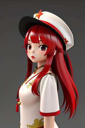 1Girl, Solo, Chinese Outfit, red hair, long hair, black eyes, white Hat, 3D Render