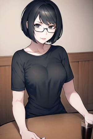 1girl, solo, looking at viewer, short hair, shirt, black hair, holding, sitting, short sleeves, glasses, indoors, black eyes, cup, lips, gun, black shirt, table, drinking glass, realistic,Yandere Simulator Style 